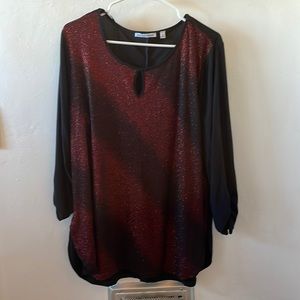 Notations blouse. Black with red sparkle detail on front. Size XL